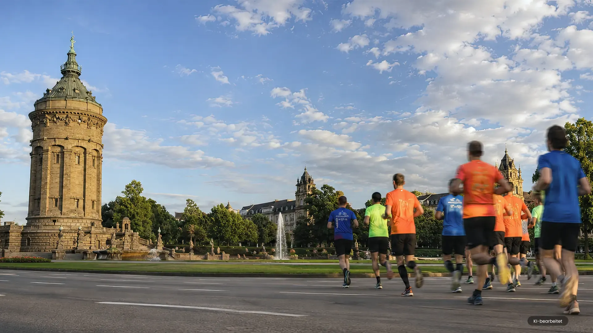Laufgruppe beim Training vor dem Mannheimer Wasserturm